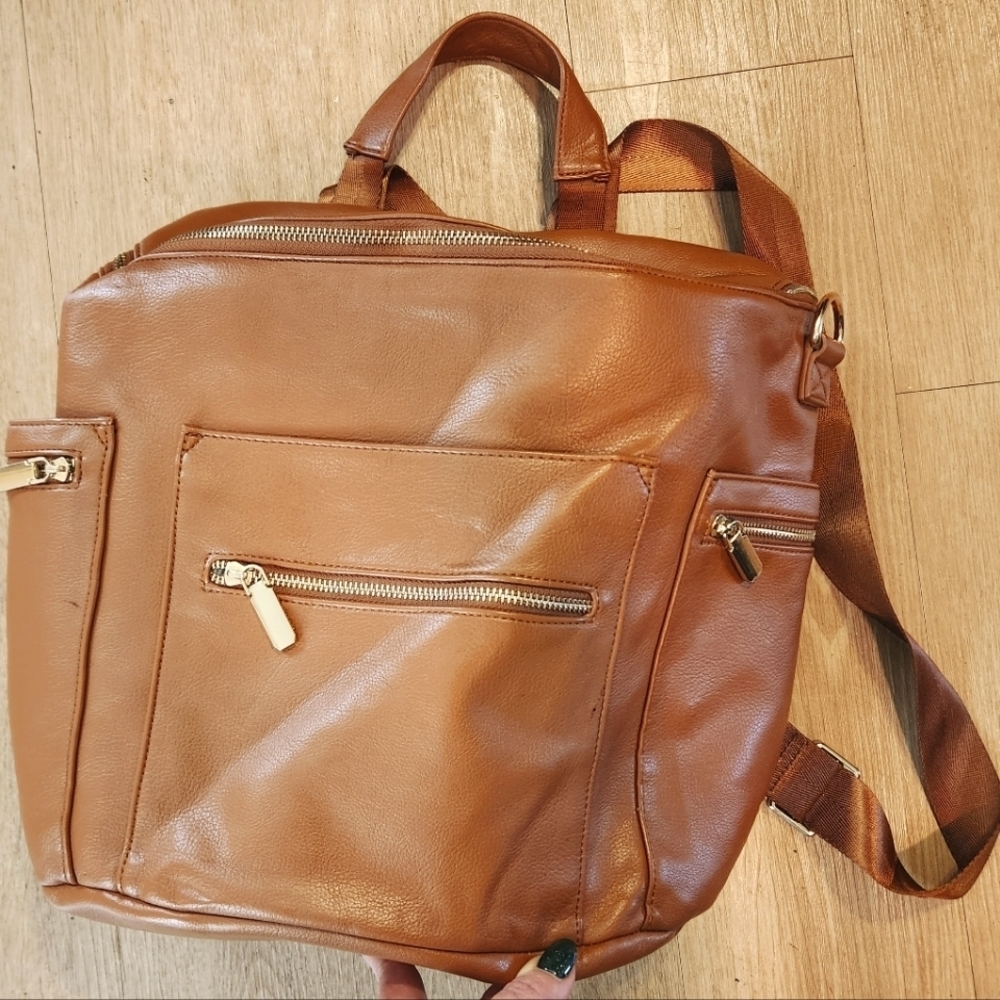 Miss Fong NWOT vegan leather tan convertable‎ backpack purse large